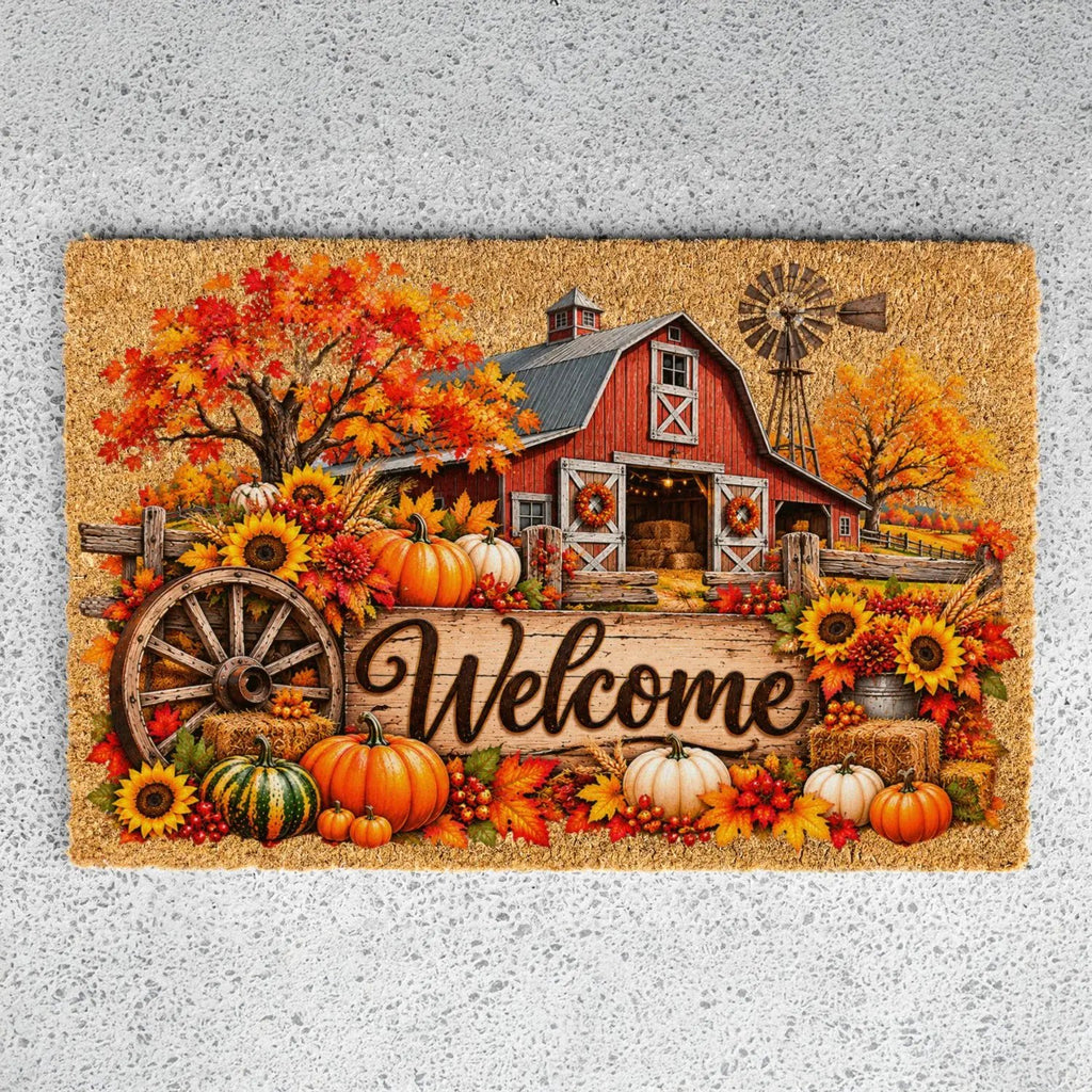 Fall Barn Welcome Doormat, Country Farmhouse Coir Mat, Autumn Pumpkin Door Mat, Harvest Porch Decor, Rustic Thanksgiving Welcome Mat