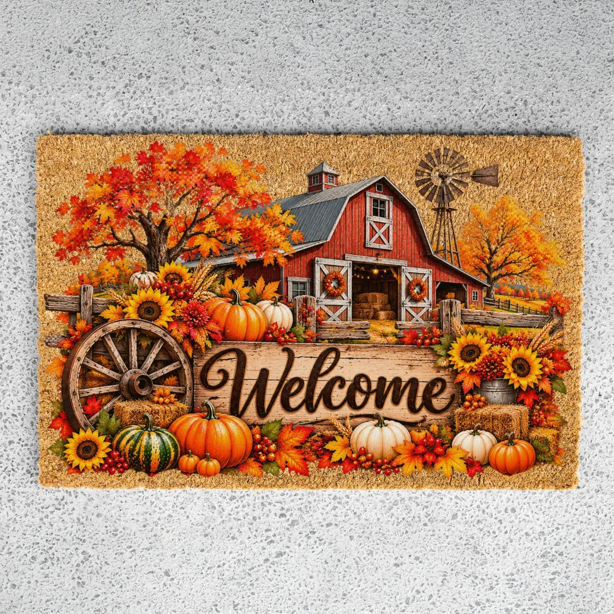 Fall Barn Welcome Doormat, Country Farmhouse Coir Mat, Autumn Pumpkin Door Mat, Harvest Porch Decor, Rustic Thanksgiving Welcome Mat