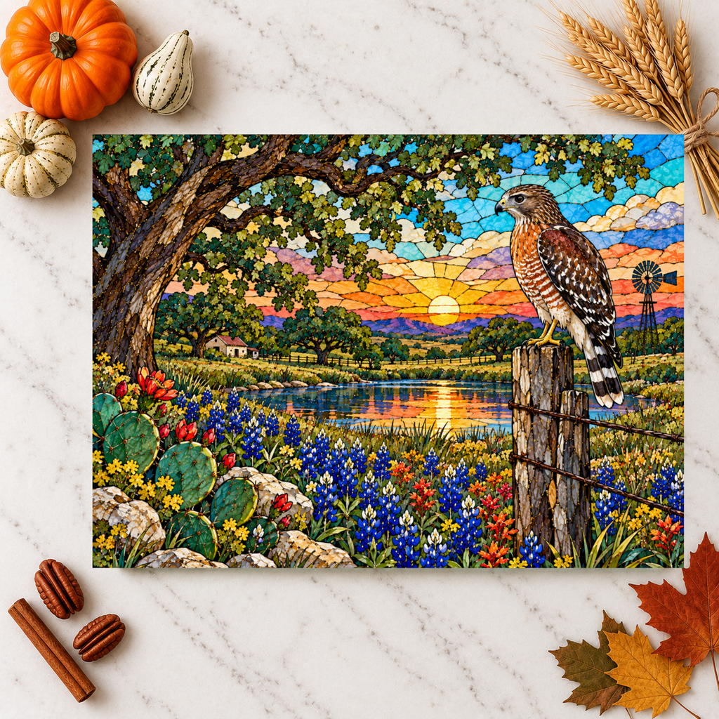 Red Shouldered Hawk Glass Cutting Board, Texas Wildlife Kitchen Decor, Bluebonnet Hawk Art, Bird Lover Gift, Rustic Texas Gift