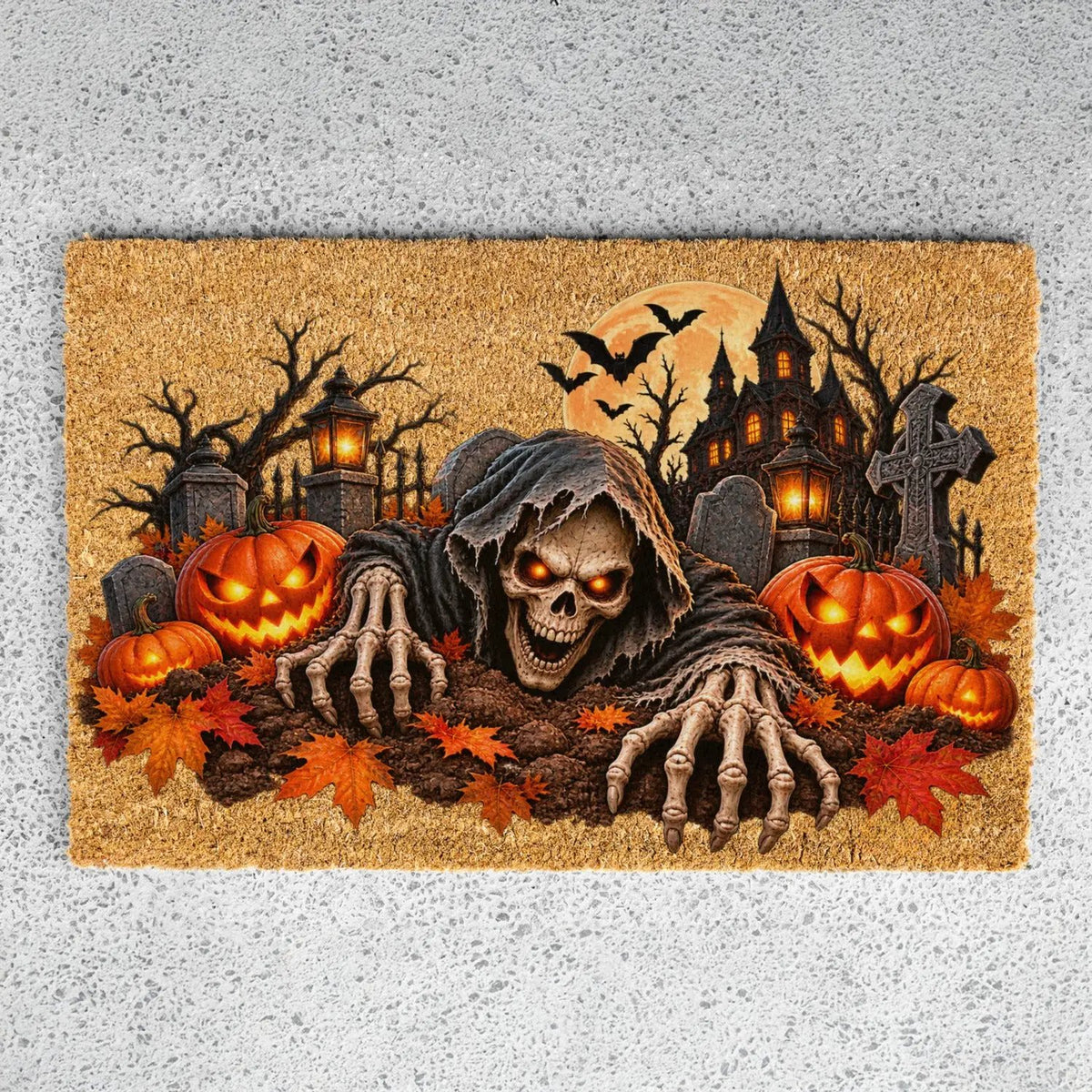 Creepy Skeleton Doormat, Grim Reaper Halloween Coir Mat, Scary Jack O Lantern Welcome Mat, Haunted House Spooky Porch Decor