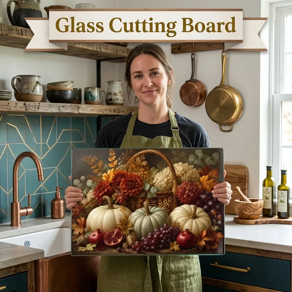 White Pumpkin Glass Cutting Board, Elegant Fall Kitchen Decor, Autumn Floral Cutting Board, Thanksgiving Hostess Gift