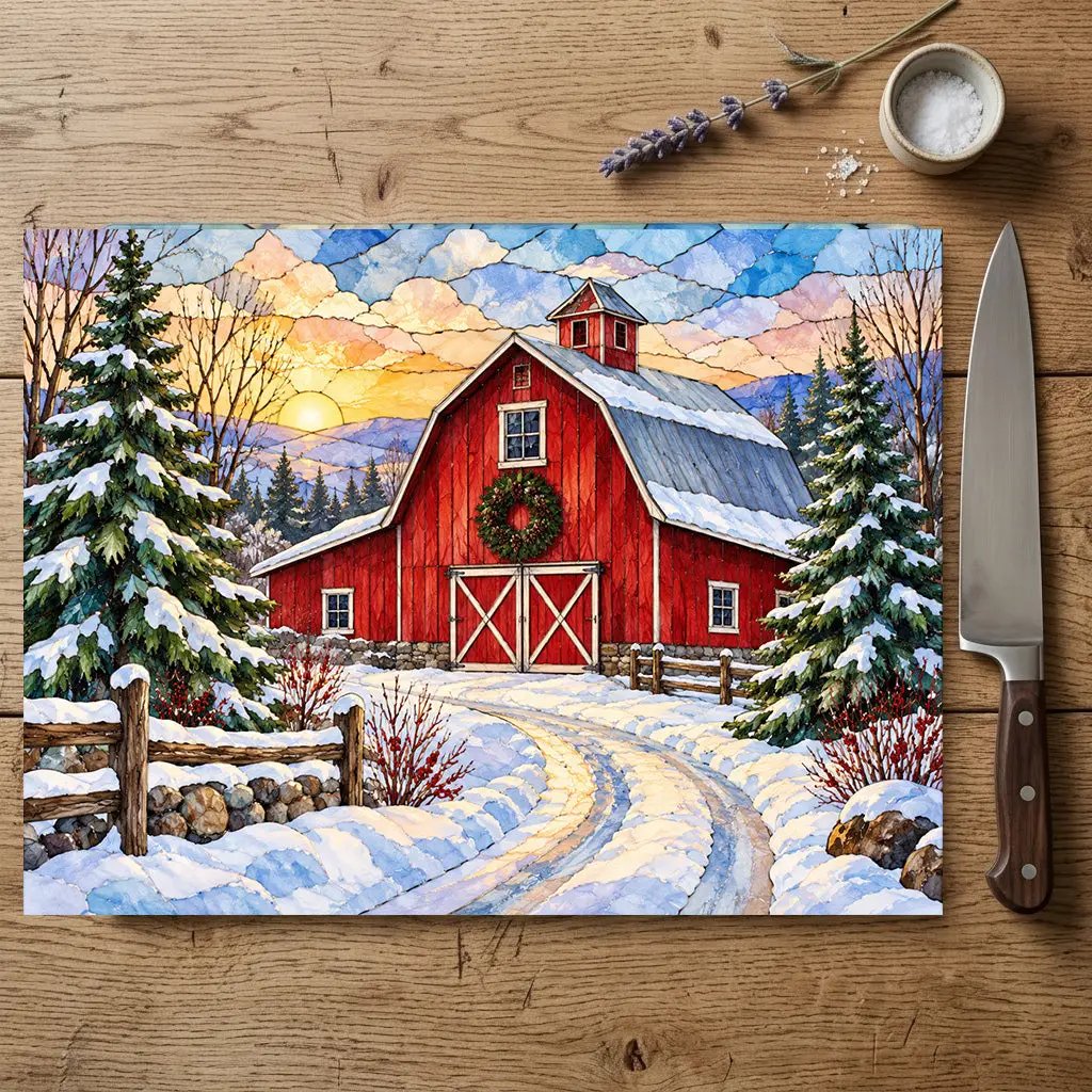 Winter Red Barn Glass Cutting Board, Snowy Country Road Farmhouse Kitchen Decor, Rustic Christmas Barn Gift