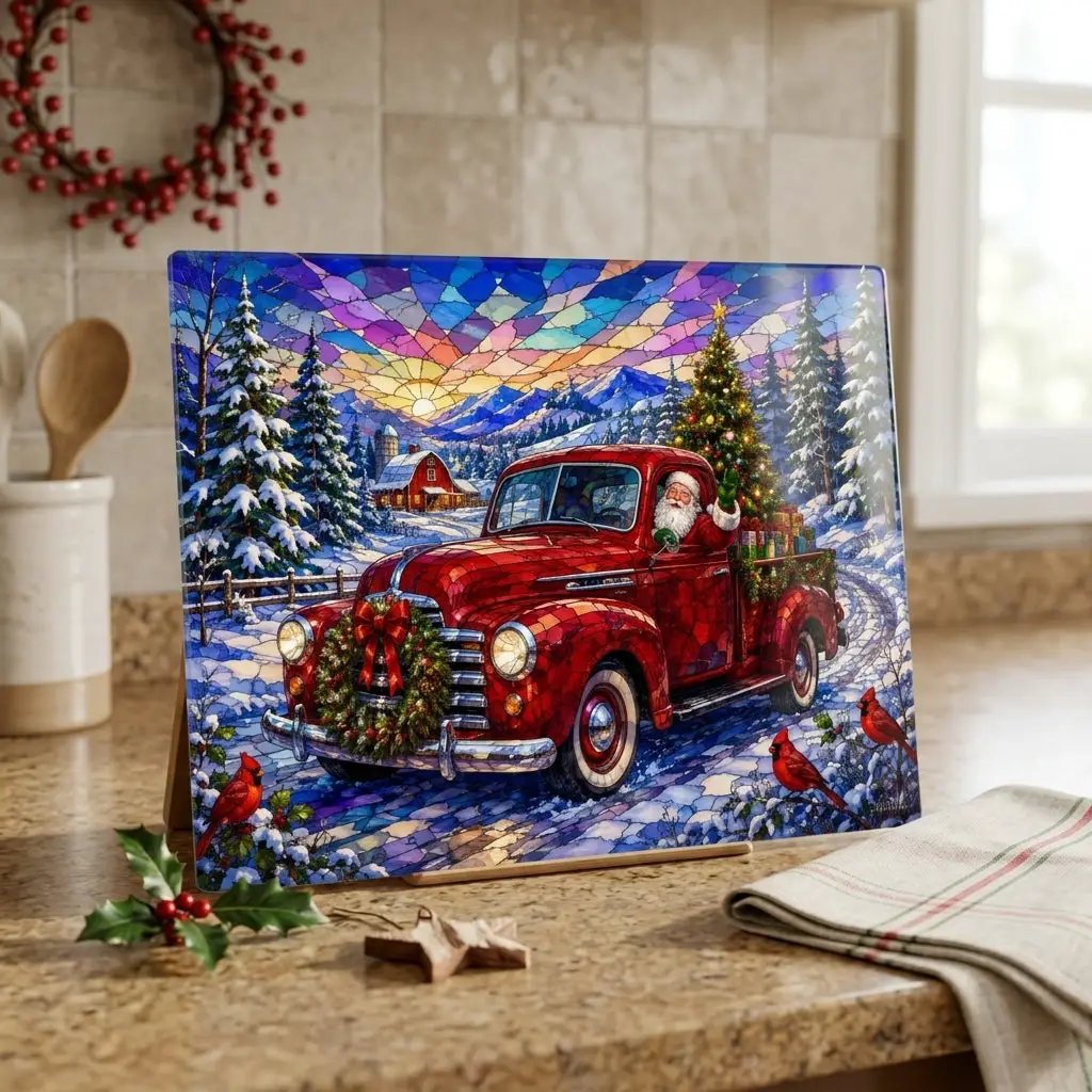 Santa Vintage Truck Glass Cutting Board, Christmas Farmhouse Kitchen Decor, Stained Glass Santa Claus, Red Pickup Holiday Gift