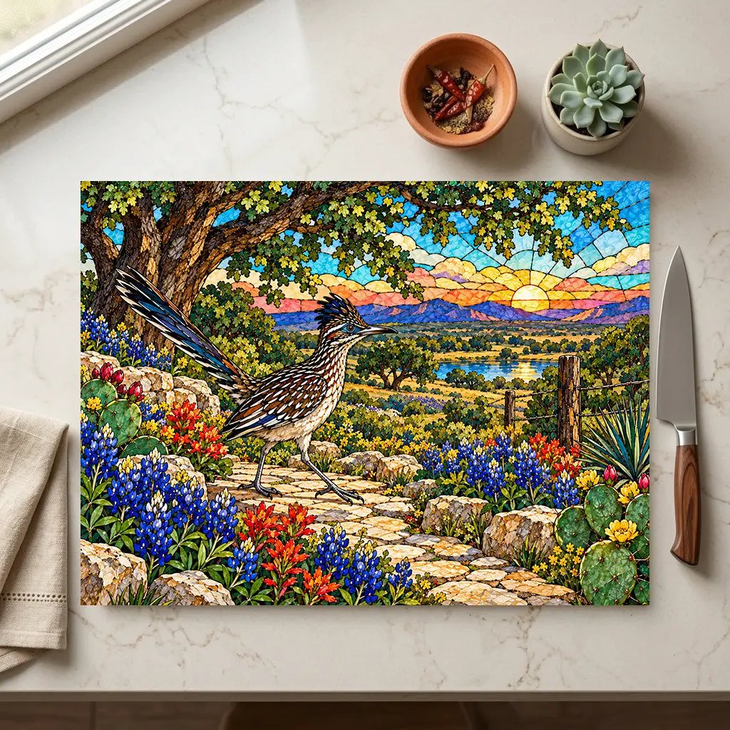 Texas Roadrunner Glass Cutting Board, Bluebonnet Kitchen Decor, Hill Country Wildlife Art, Southwestern Bird Gift, Texas Housewarming