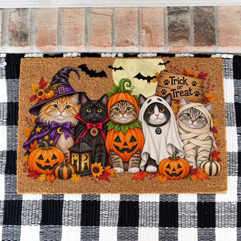Halloween Cat Doormat, Funny Costumed Cats Coir Welcome Mat, Trick or Treat Porch Decor, Fall Cat Lover Gift, Spooky Front Door Mat