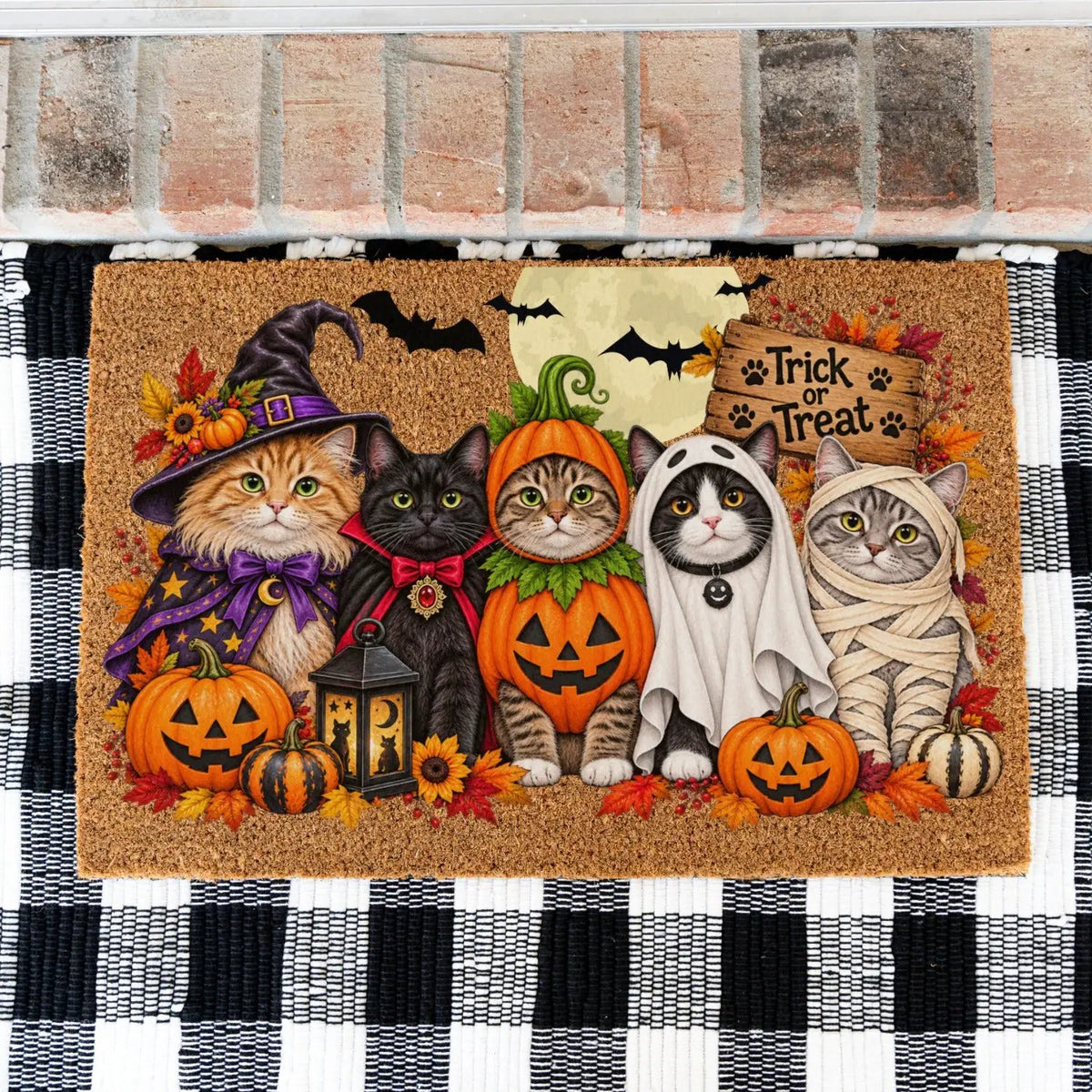 Halloween Cat Doormat, Funny Costumed Cats Coir Welcome Mat, Trick or Treat Porch Decor, Fall Cat Lover Gift, Spooky Front Door Mat