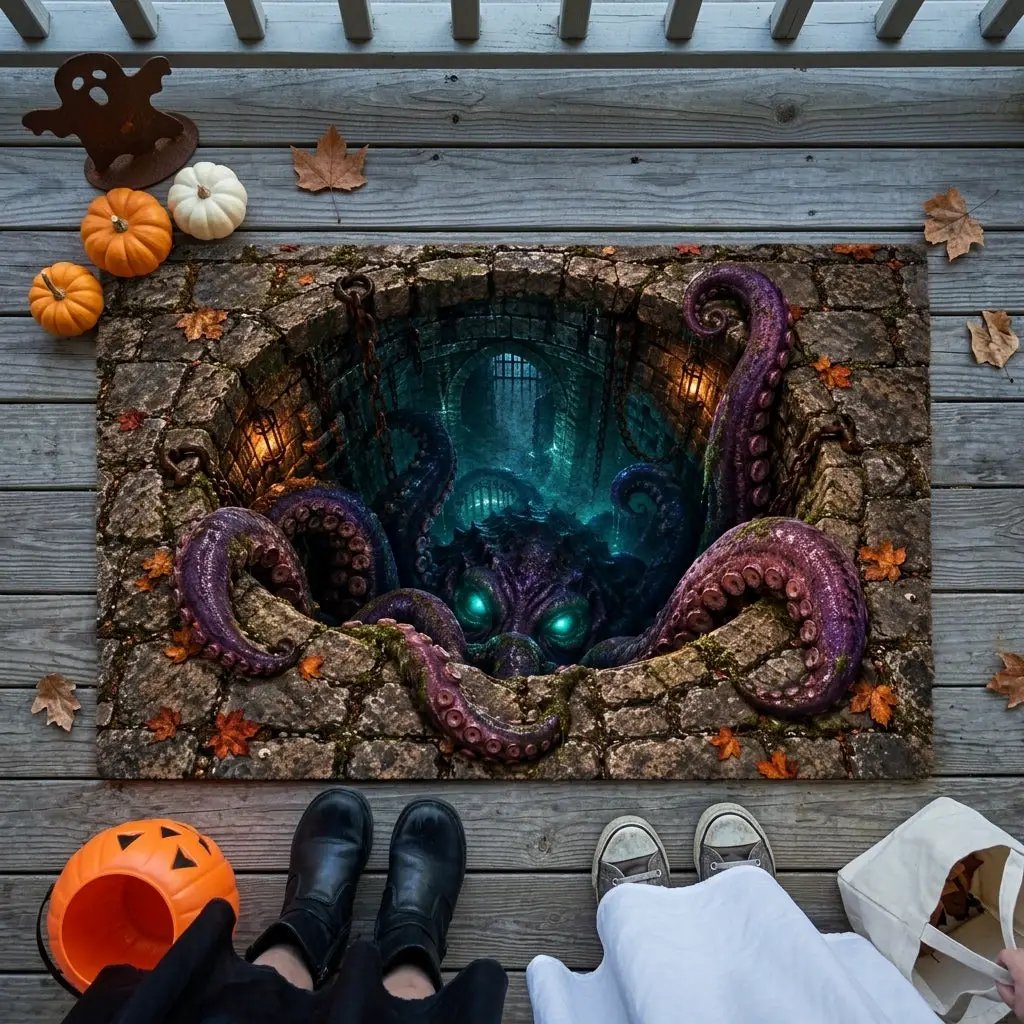 Tentacle Monster 3D Optical Illusion Doormat, Creepy Dungeon Floor Mat, Scary Octopus Monster Door Mat, Horror Halloween Decor