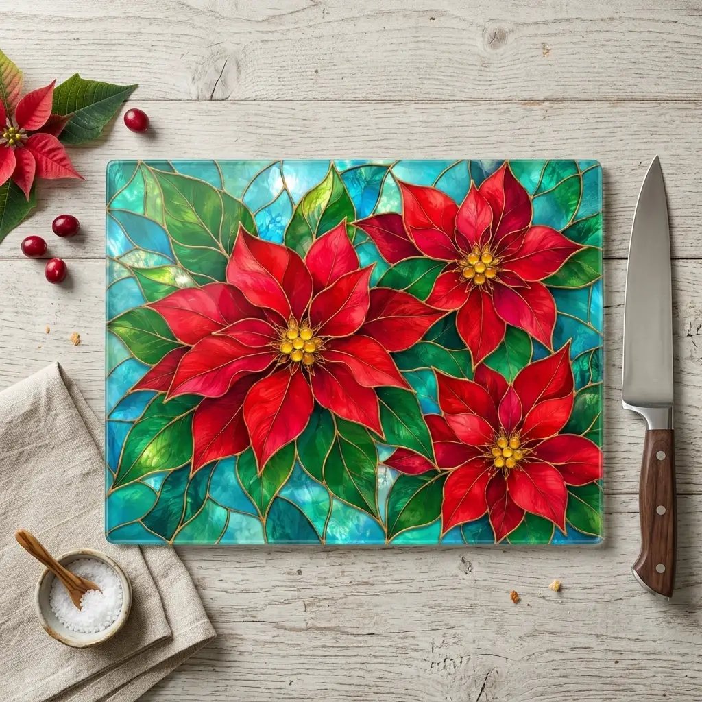 Christmas Poinsettia Glass Cutting Board, Red Floral Kitchen Decor, Tempered Chopping Board, Holiday Cooking Gift for Flower Lovers