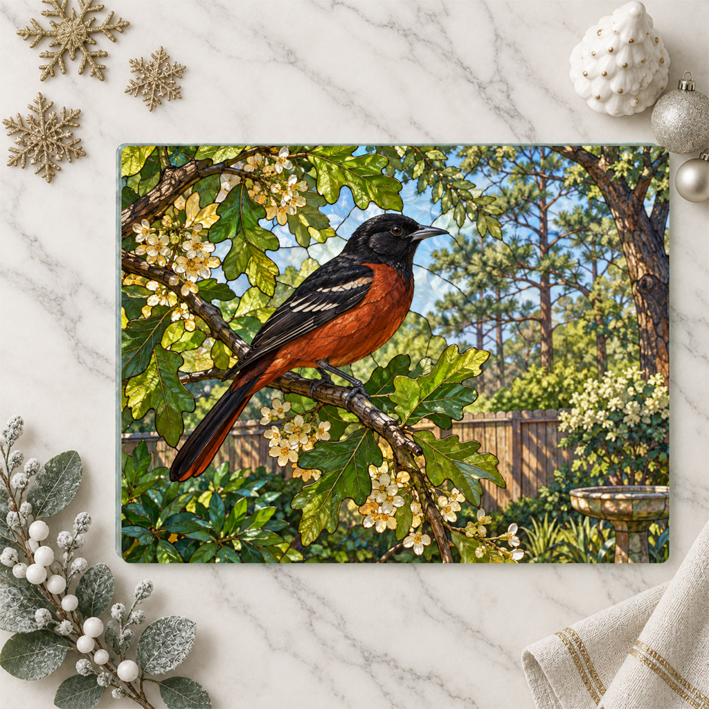 Orchard Oriole Glass Cutting Board, Backyard Bird Kitchen Decor, Oriole Bird Lover Gift, Nature Serving Board, Birdwatcher Gift