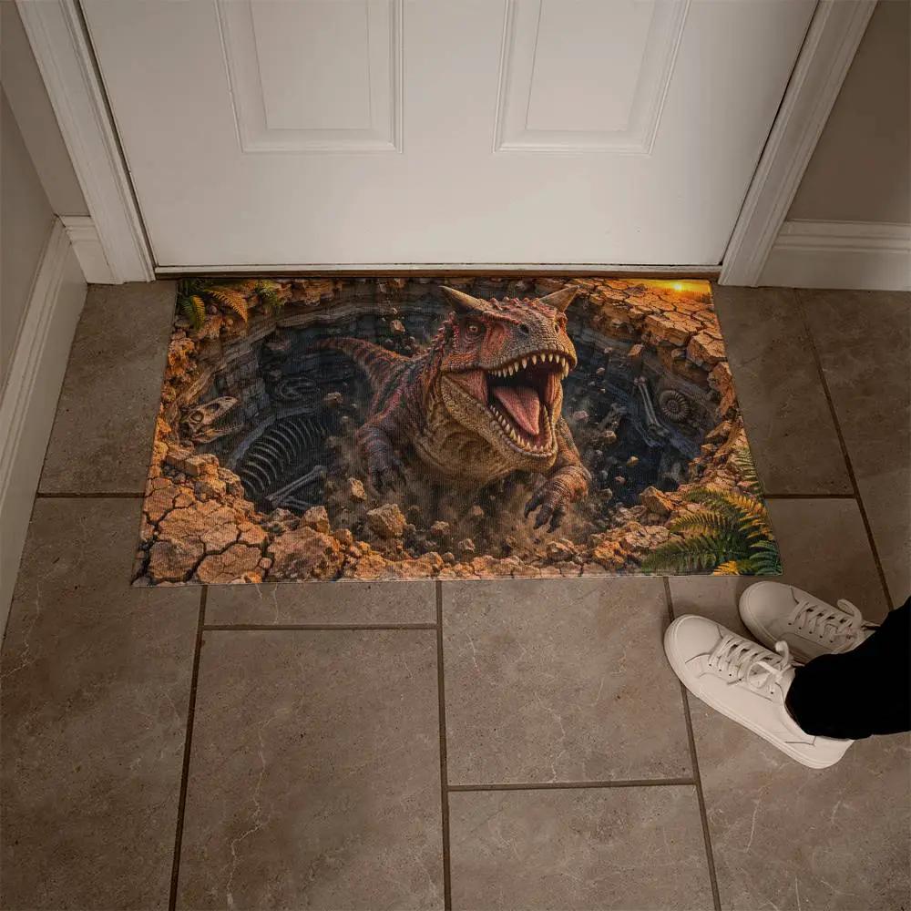 Carnotaurus 3D Optical Illusion Doormat, Dinosaur Fossil Pit Floor Mat, Prehistoric Dinosaur Door Mat, Dino Lover Gift
