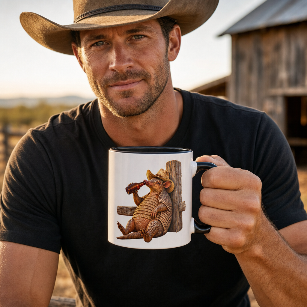Cowboy Armadillo Accent Mug, Funny Texas Coffee Mug, Western Beer Lover Gift, Armadillo Gift for Him, Rustic Country Mug