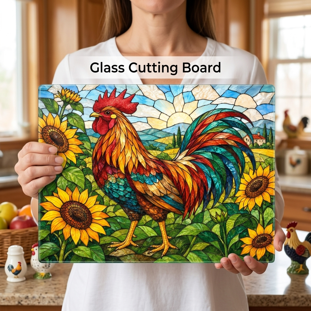 Rooster Glass Cutting Board, Sunflower Kitchen Decor, Colorful Farmhouse Rooster Art, Country Kitchen Gift, Stained Glass Farm Decor