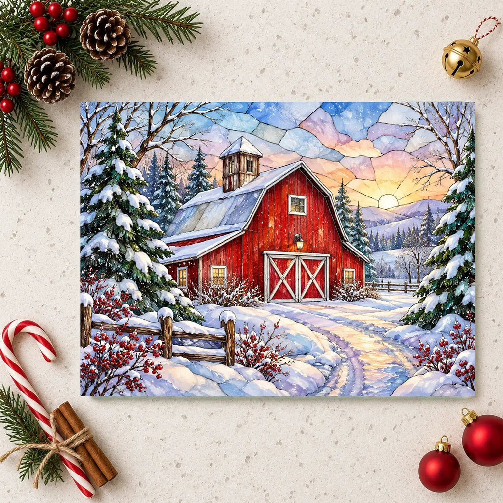 Winter Country Barn Glass Cutting Board, Red Barn Farmhouse Kitchen Decor, Snowy Rustic Country Christmas Gift
