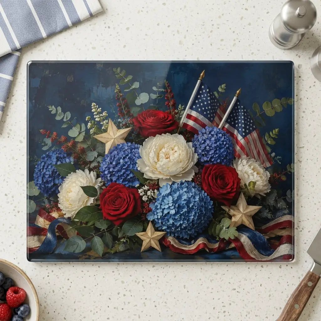 Patriotic Floral Cutting Board, American Flag Glass Cutting Board, Red White Blue Kitchen Decor, Americana Gift, 4th of July Decor