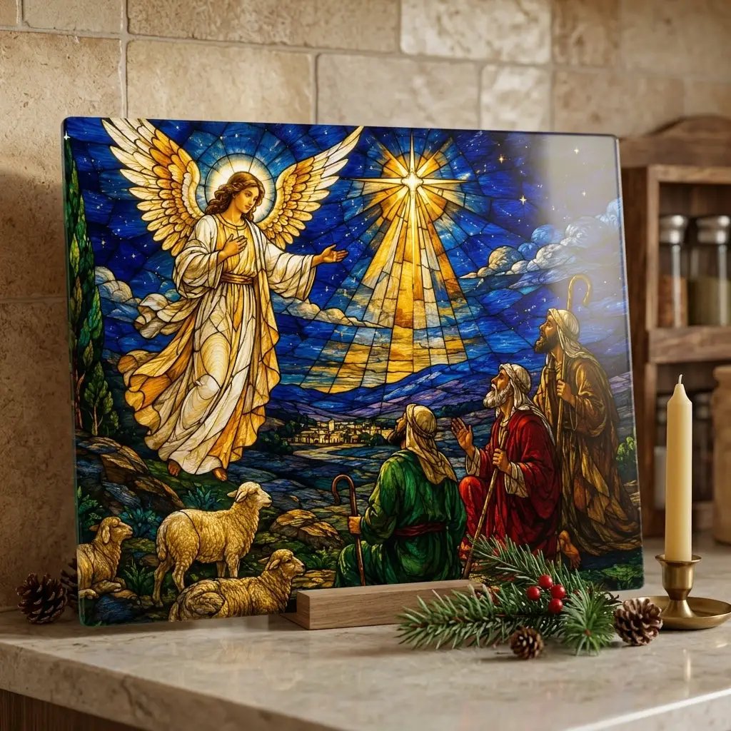 Angel and Shepherds Glass Cutting Board, Christian Christmas Gift, Nativity Kitchen Decor, Religious Christmas Decor, Stained Glass Art