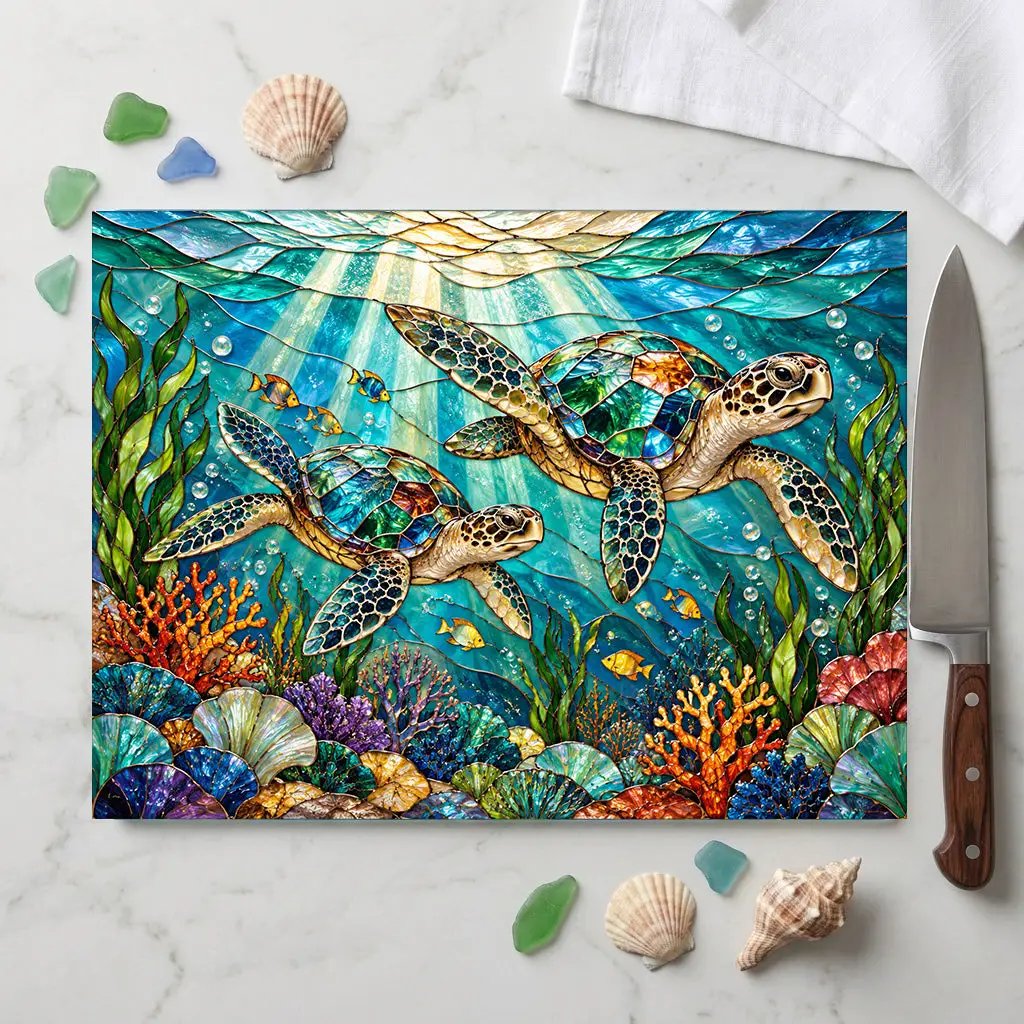 Sea Turtle Cutting Board, Ocean Kitchen Decor, Marine Life Glass Chopping Board, Coastal Sea Turtle Gift, Coral Reef Kitchen Art Piece