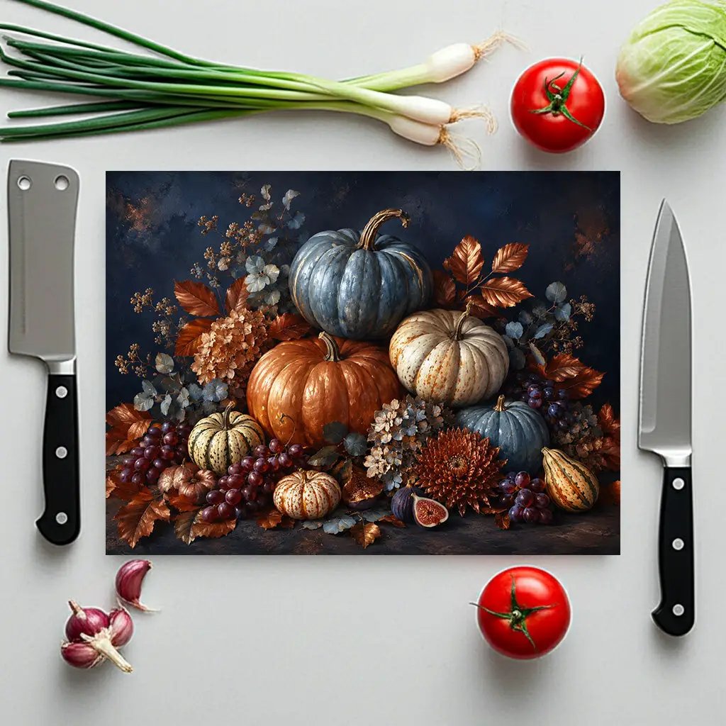 Blue Pumpkin Glass Cutting Board, Elegant Fall Kitchen Decor, Autumn Harvest Cutting Board, Thanksgiving Kitchen Gift