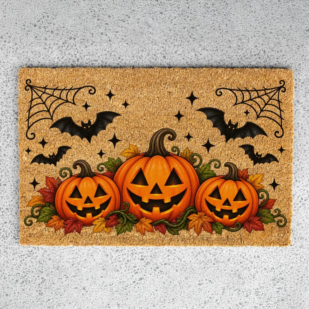 Halloween Pumpkin Doormat, Jack O Lantern Coir Welcome Mat, Fall Front Porch Decor, Spooky Bat Door Mat, Autumn Halloween Entryway