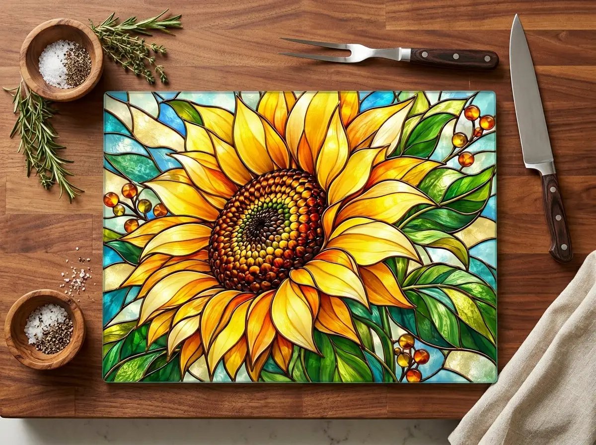 Sunflower Glass Cutting Board, Stained Glass Floral Kitchen Decor, Yellow Flower Chopping Board, Gift for Mom, Housewarming Gift