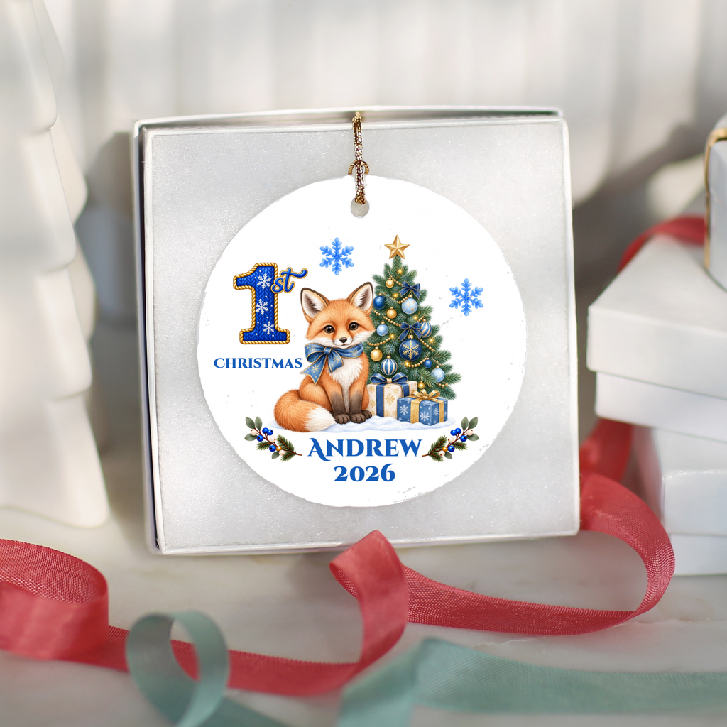 Fox Baby Personalized Christmas Ornament, Baby's 1st 2nd 3rd Christmas, Custom Name Year Ceramic Keepsake