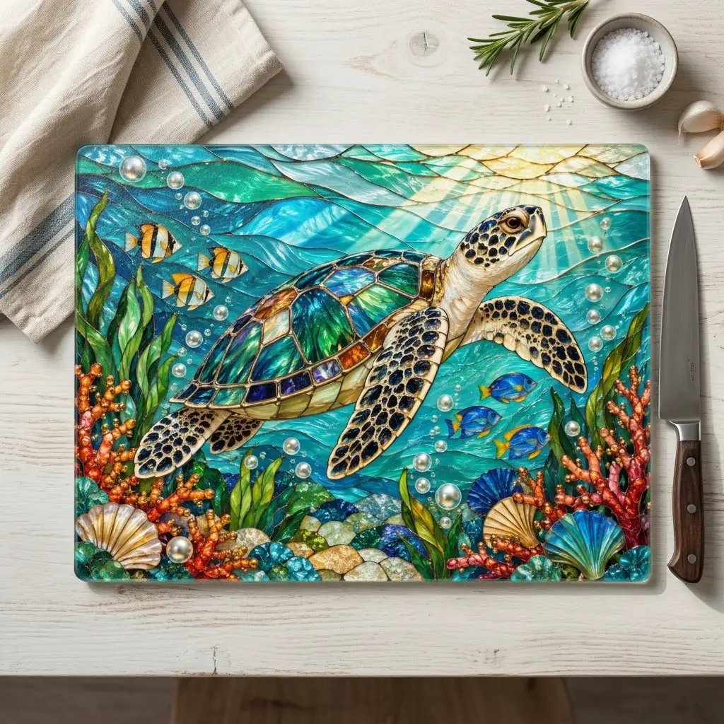 Sea Turtle Cutting Board, Ocean Kitchen Decor, Underwater Glass Chopping Board, Coastal Beach House Gift, Marine Life Kitchen Accent