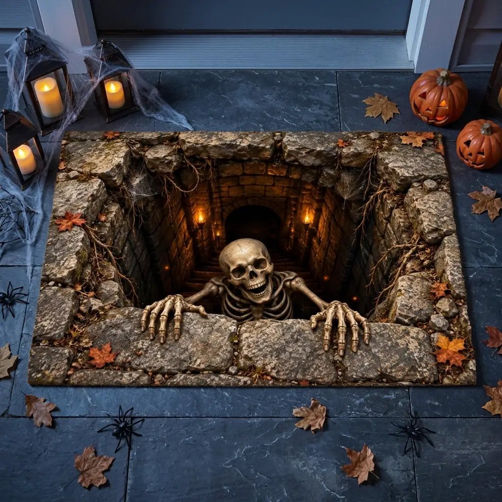Skeleton Halloween Doormat, 3D Stairwell Illusion Door Mat, Creepy Skeleton Welcome Mat, Spooky Halloween Porch Decor