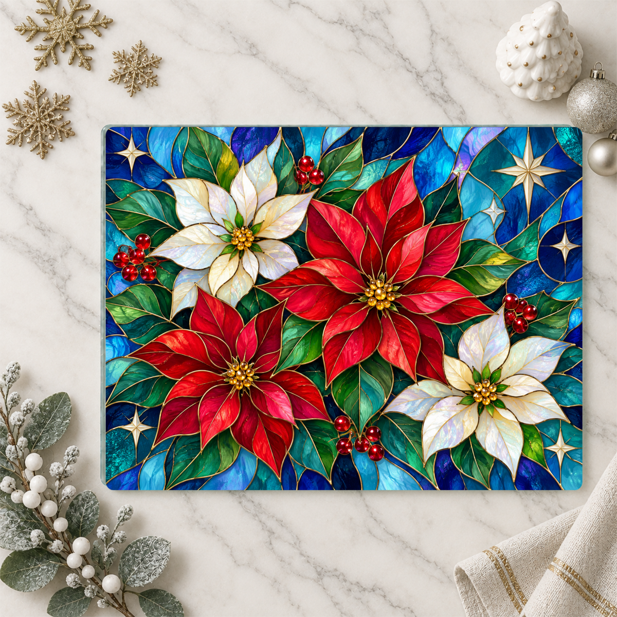 Christmas Poinsettia Glass Cutting Board, Stained Glass Floral Kitchen Decor, Holiday Serving Board, Festive Christmas Kitchen Gift