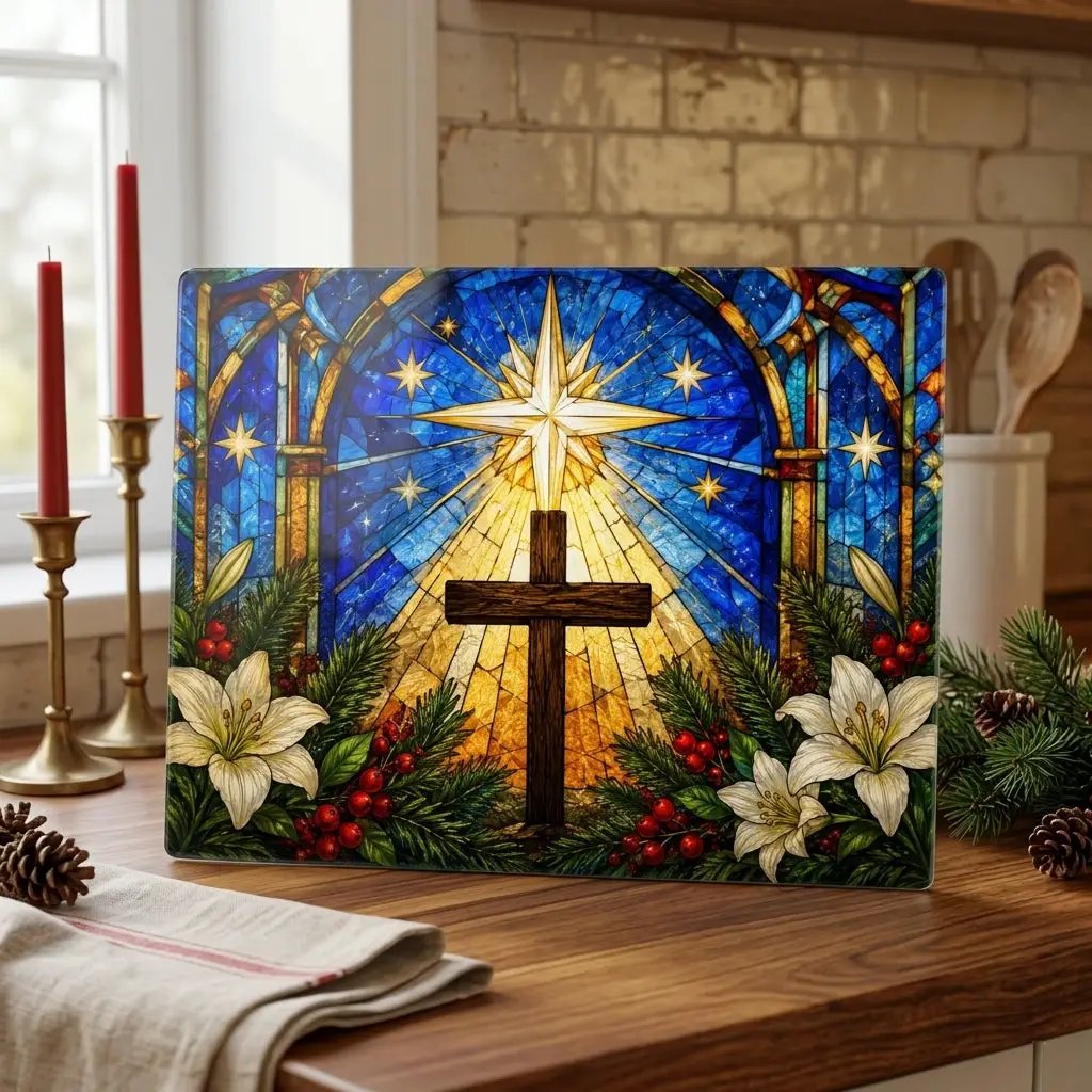 Christian Cross Glass Cutting Board, Stained Glass Christmas Decor, Religious Kitchen Gift, Star of Bethlehem Christian Gift