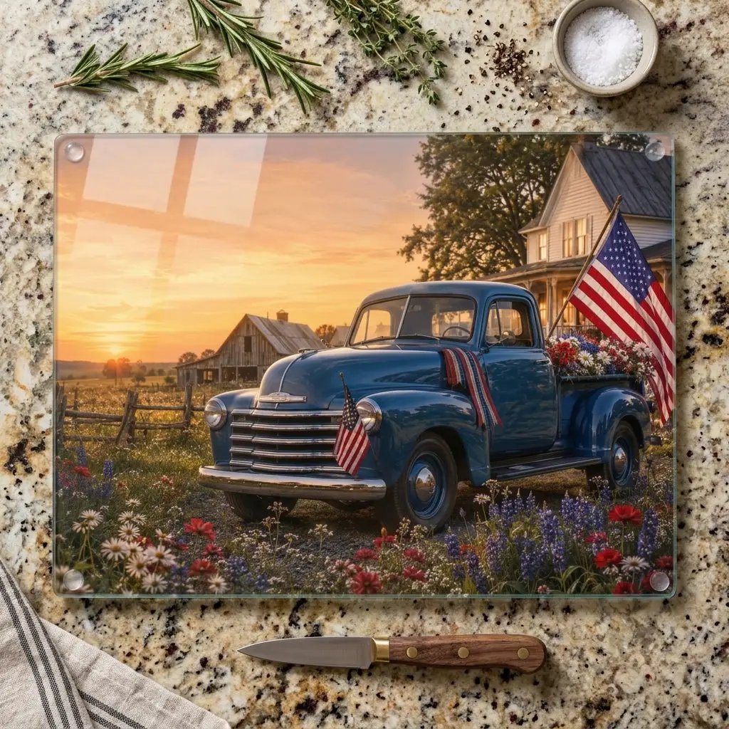 Blue Vintage Truck Glass Cutting Board, Patriotic Americana Farmhouse Kitchen Decor, Red White Blue Country Gift