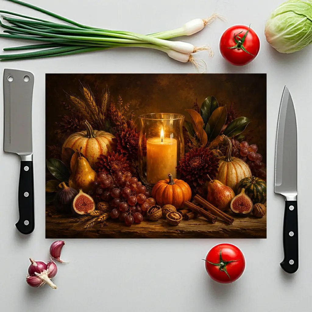Fall Candle Glass Cutting Board, Cozy Autumn Kitchen Decor, Pumpkin Harvest Cutting Board, Thanksgiving Hostess Gift