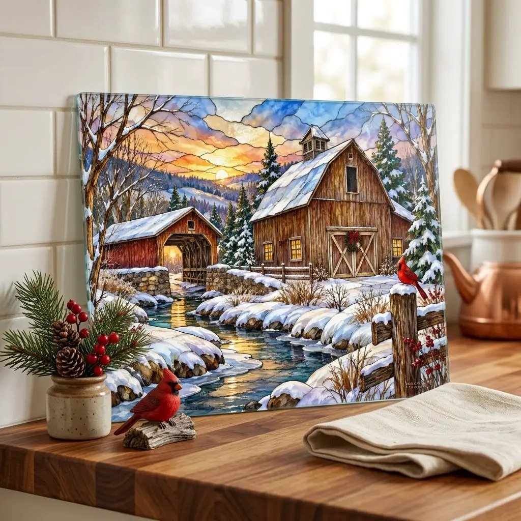 Cardinal Creek Winter Barn Glass Cutting Board, Red Cardinal Farmhouse Kitchen Decor, Country Christmas Gift