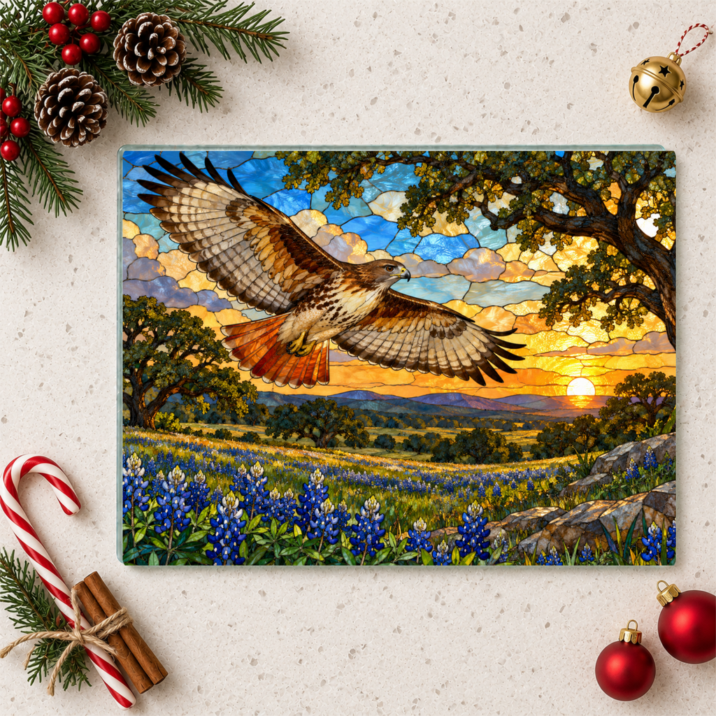 Red-Tailed Hawk Glass Cutting Board, Wildlife Kitchen Decor, Bird Lover Gift, Scenic Sunset Countryside Chopping Board, Nature Home Accent