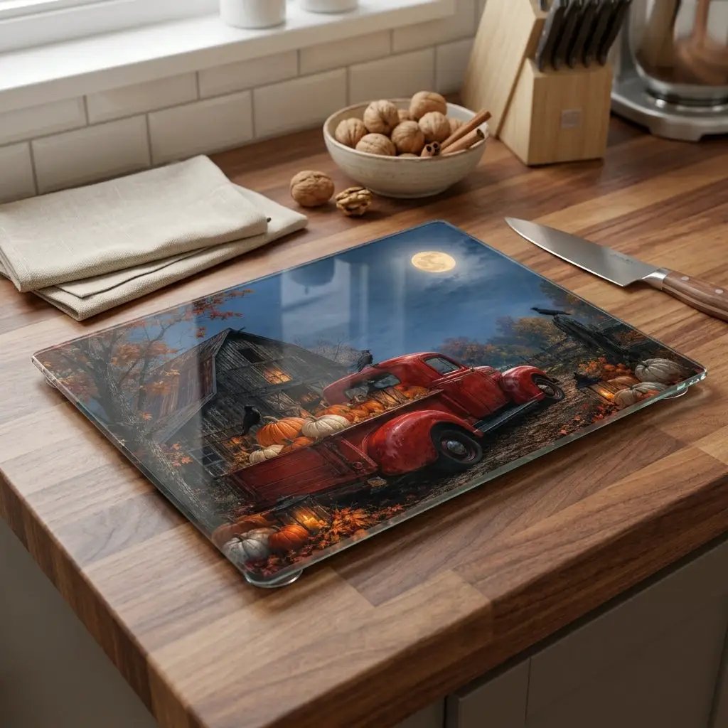 Halloween Glass Cutting Board, Red Vintage Truck with Pumpkins, Spooky Farmhouse Kitchen Decor, Rustic Halloween Gift