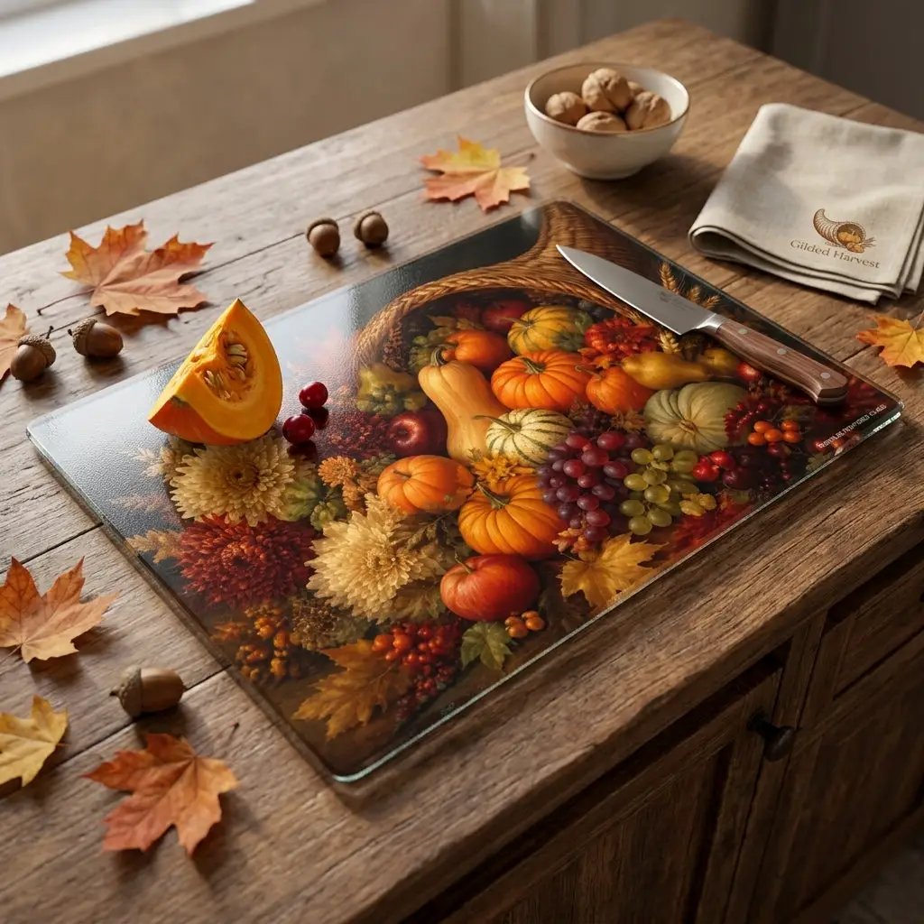 Cornucopia Glass Cutting Board, Thanksgiving Kitchen Decor, Fall Harvest Cutting Board, Autumn Hostess Gift