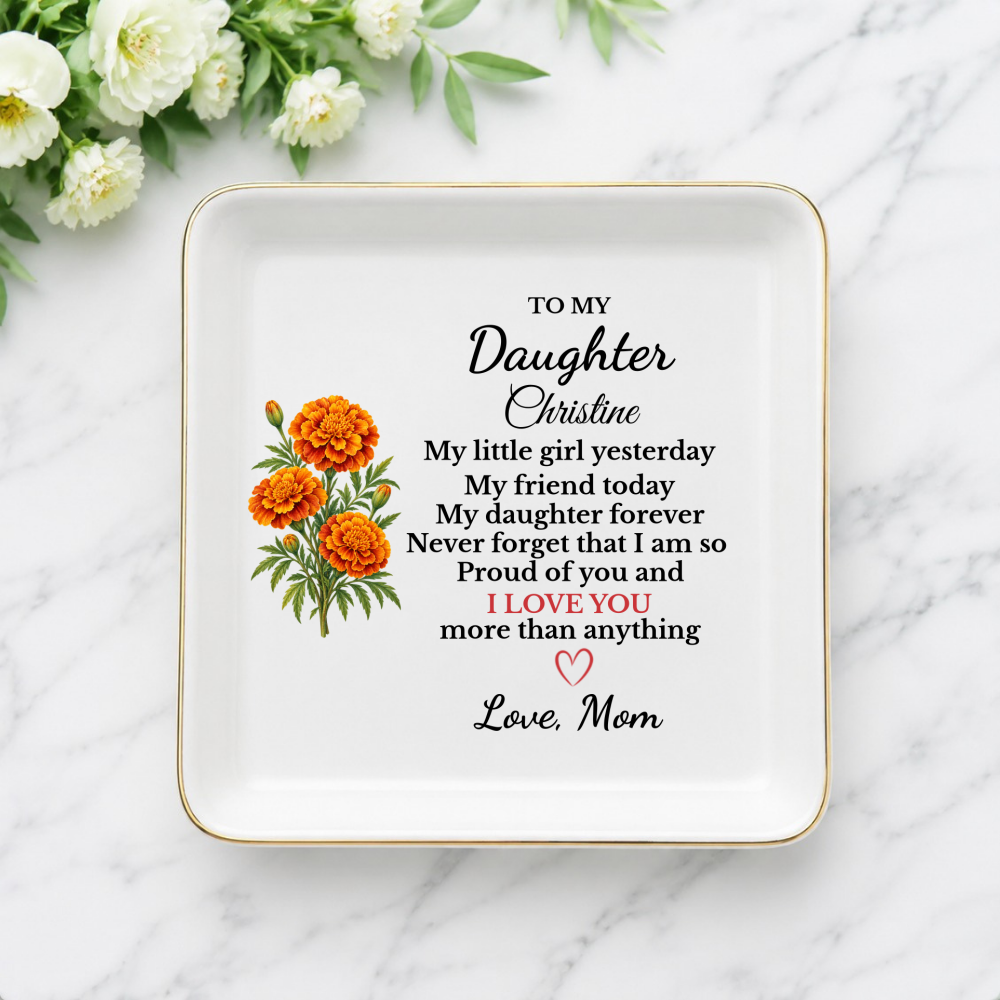 Personalized Daughter Birth Flower Jewelry Dish, Custom Name Trinket Tray, Sentimental Gift from Mom, Birthday Gift for Adult Daughter