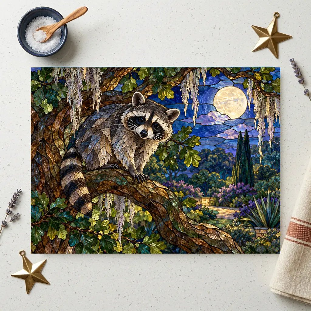 Raccoon Glass Cutting Board, Woodland Kitchen Decor, Moonlit Forest Chopping Board, Wildlife Lover Gift, Rustic Nature Kitchen Accent