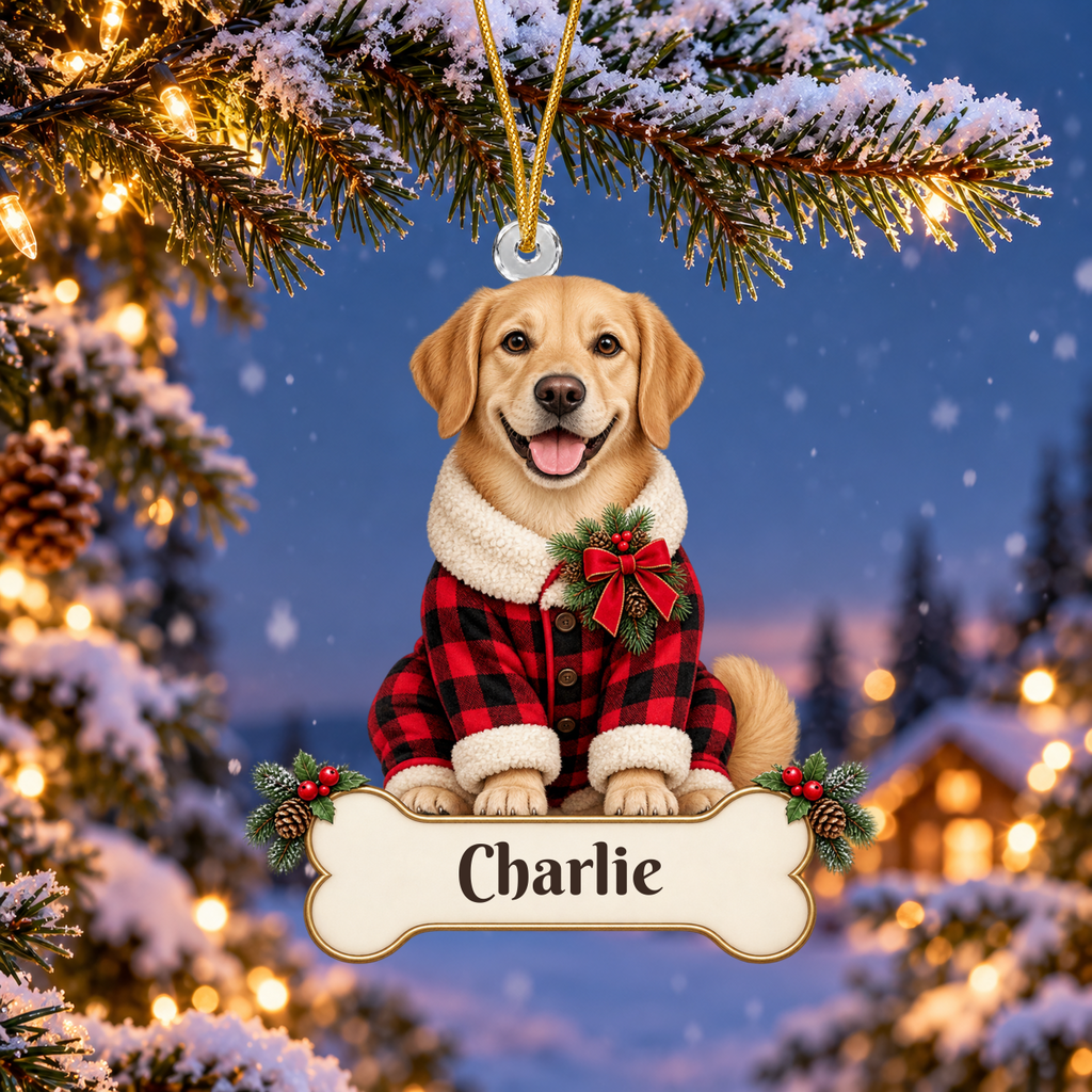 Personalized Dog Buffalo Plaid Pajamas Christmas Ornament from Photo, Custom Pet Portrait Acrylic Ornament, Rustic Holiday Dog Lover Gift