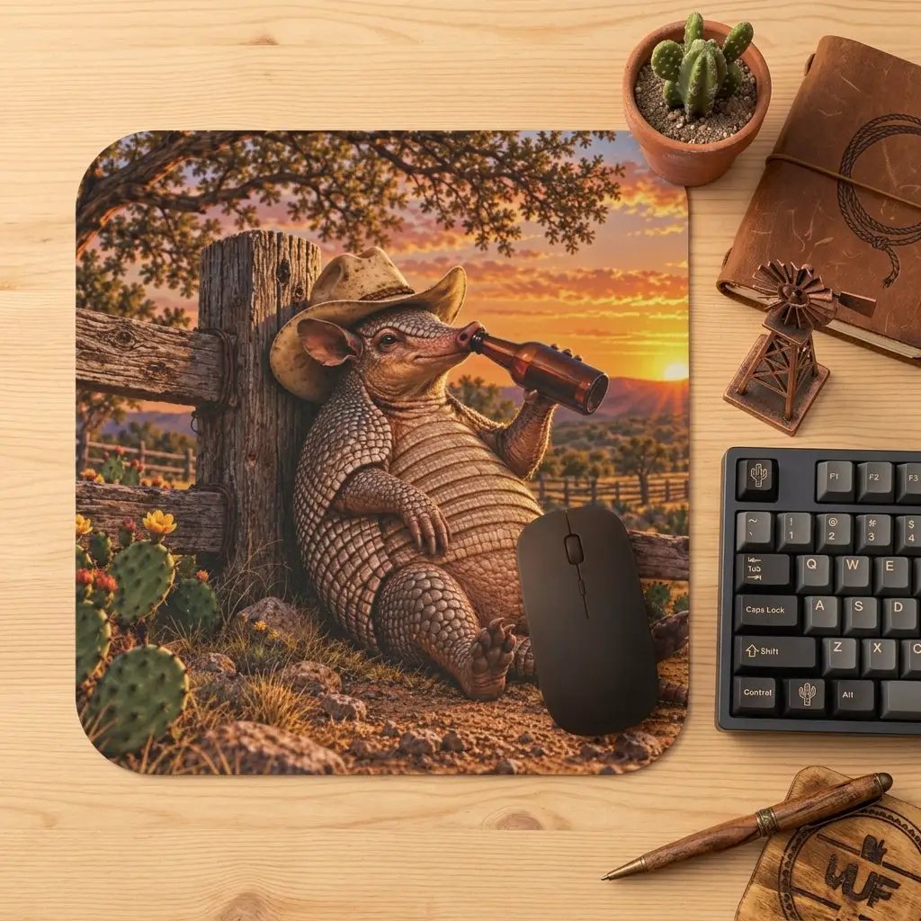 Funny Armadillo Mouse Pad, Texas Cowboy Desk Decor, Beer Lover Gift, Western Office Accessory, Funny Texas Gift for Him
