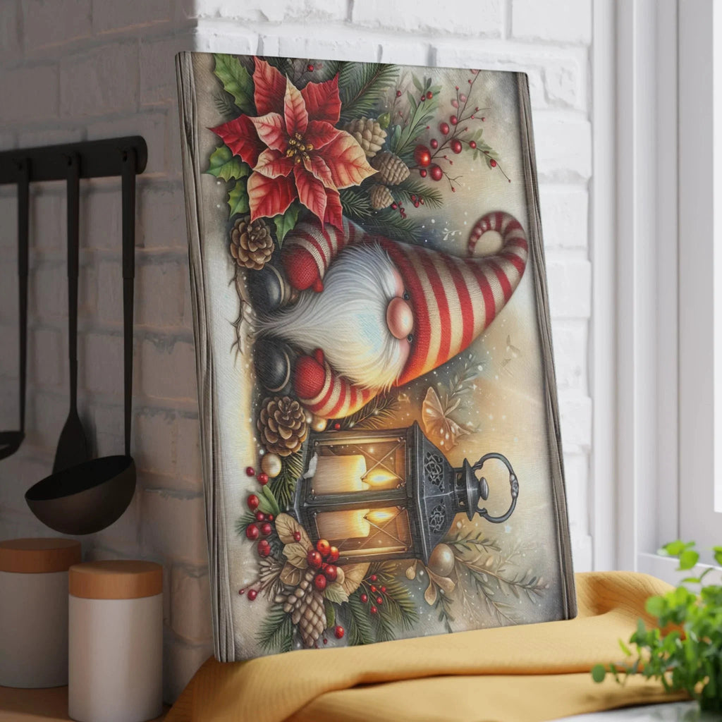 Christmas Gnome Glass Cutting Board — Festive Poinsettia & Lantern Kitchen Decor