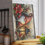 Christmas Gnome Glass Cutting Board — Festive Poinsettia & Lantern Kitchen Decor