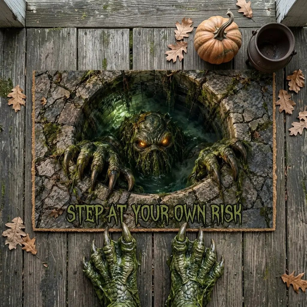 Swamp Monster 3D Optical Illusion Doormat, Creepy Sewer Monster Floor Mat, Scary Halloween Door Mat, Horror Home Decor