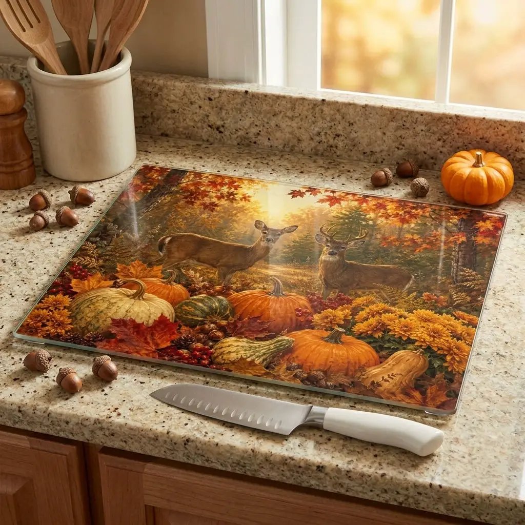Deer Fall Glass Cutting Board, Rustic Woodland Kitchen Decor, Autumn Pumpkin Cutting Board, Hunter Cabin Gift
