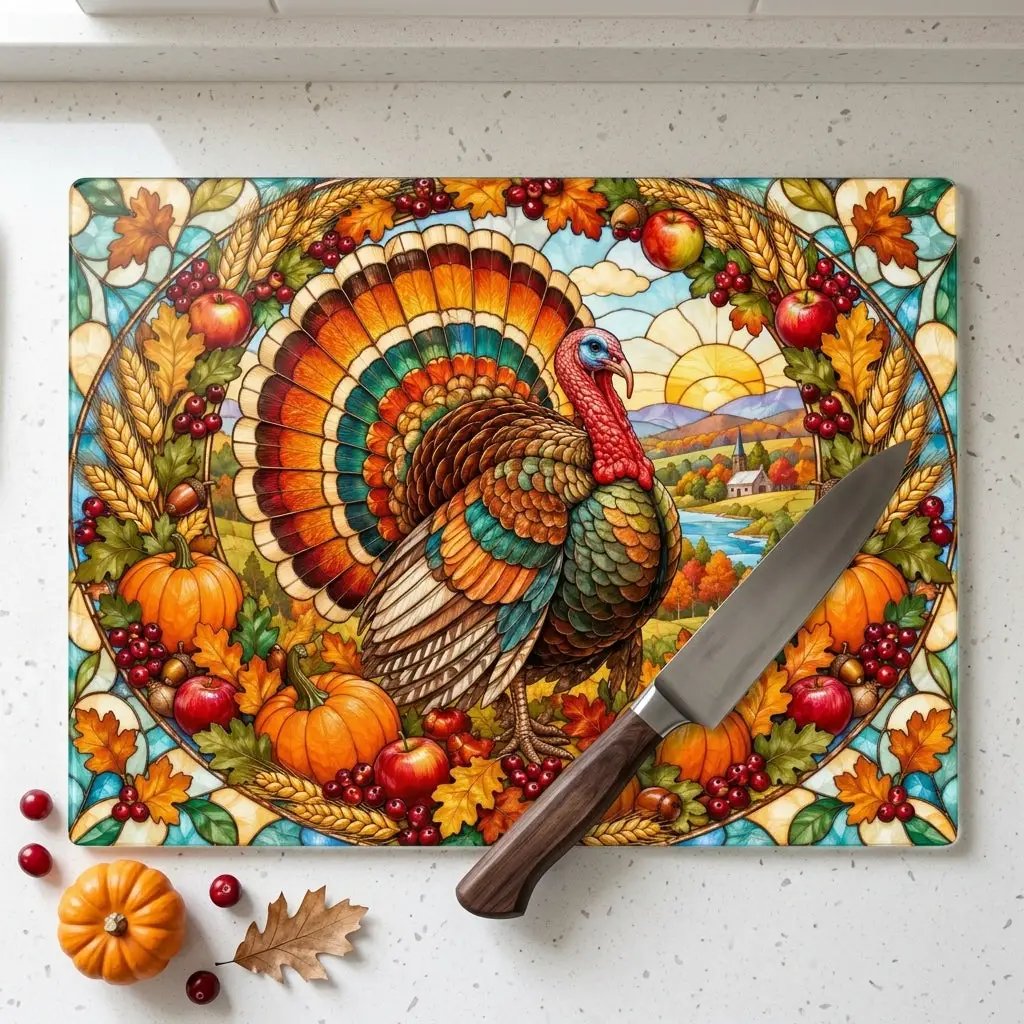 Thanksgiving Turkey Glass Cutting Board, Harvest Wreath Kitchen Decor, Stained Glass Fall Turkey, Pumpkin Apple Autumn Gift