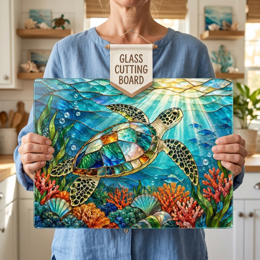 Sea Turtle Glass Cutting Board, Ocean Kitchen Decor, Marine Life Serving Board, Coastal Home Gift, Underwater Art Kitchen Accessory