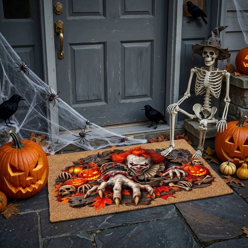 Horror Clown Doormat, Scary Halloween Coir Mat, Creepy Clown & Pumpkin Welcome Mat, Haunted House Porch Decor, Horror Lover Gift