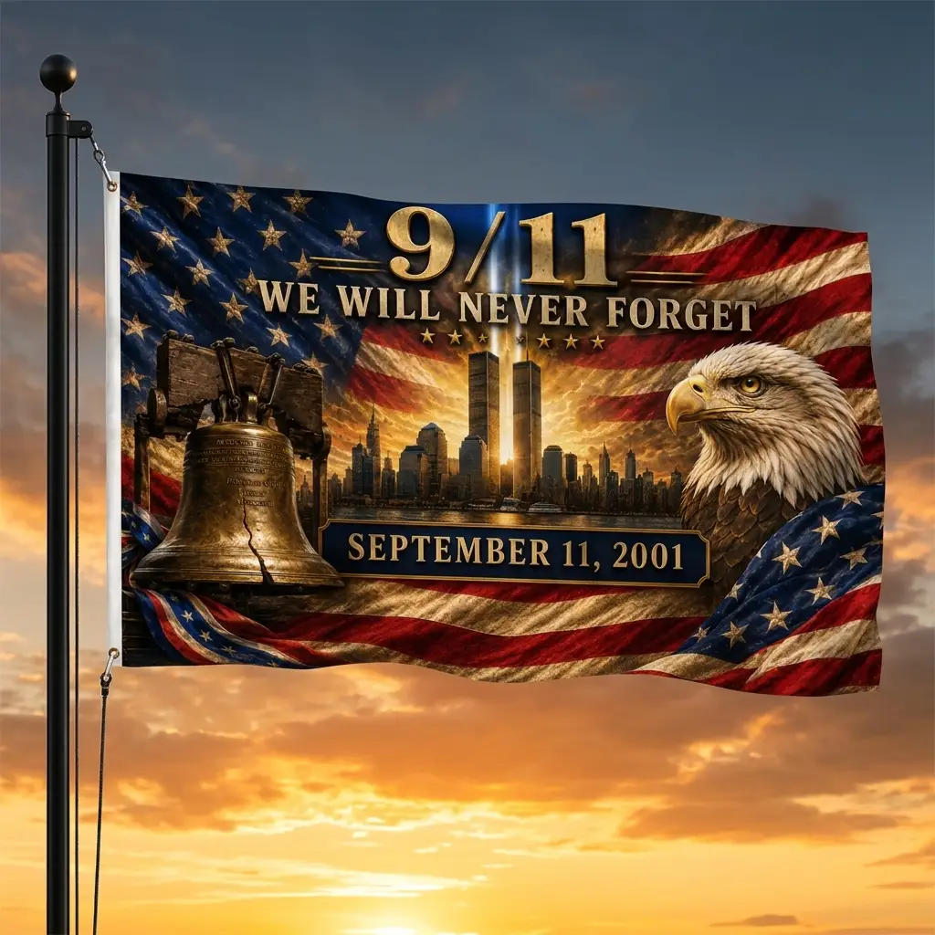 Twin Towers Remembrance Double Sided Flag - 9/11 Flag, We Will Never Forget Flag, September 11 Memorial, Patriot Day Decor