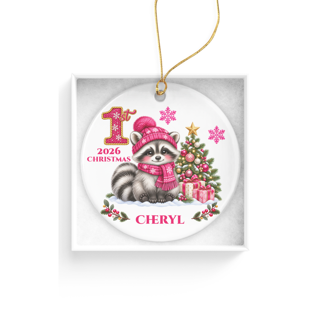 Baby Raccoon Personalized Christmas Ornament, First Christmas Keepsake, Pink Winter Animal Ceramic Tree Decoration, New Baby Gift 2026
