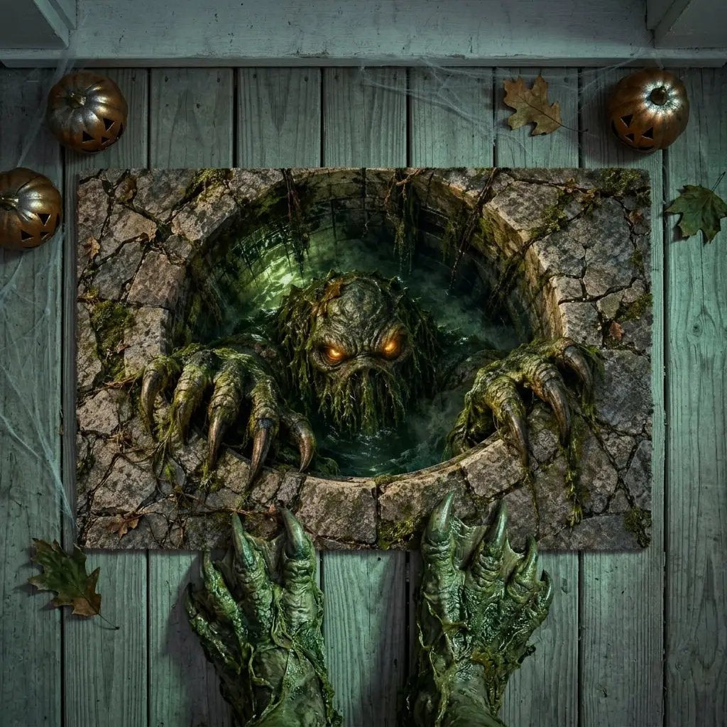 Swamp Monster 3D Optical Illusion Doormat, Creepy Sewer Monster Floor Mat, Scary Halloween Door Mat, Horror Home Decor