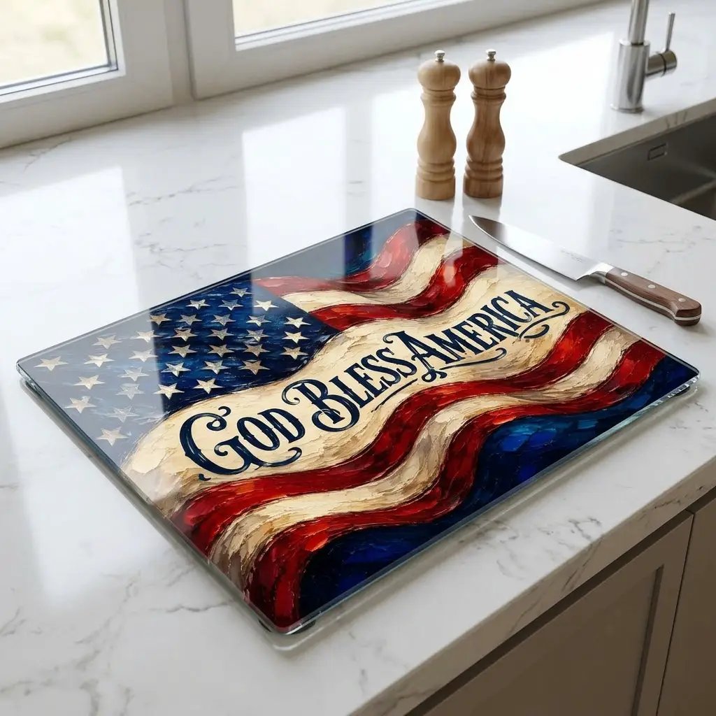 God Bless America Cutting Board, American Flag Glass Cutting Board, Patriotic Kitchen Decor, Christian USA Gift, Americana Home Decor