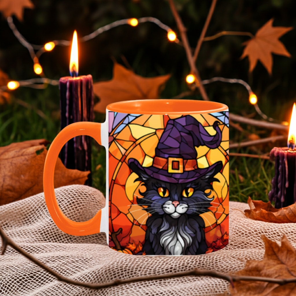 Halloween Black Cat Witch Stained Glass Ceramic Two-tone Mug – Spooky Fall Coffee Cup for Cat Lovers